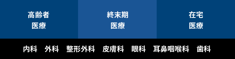 高齢者医療　終末期医療　在宅医療　内科　外科　整形外科　皮膚科　眼科　耳鼻咽喉科　歯科